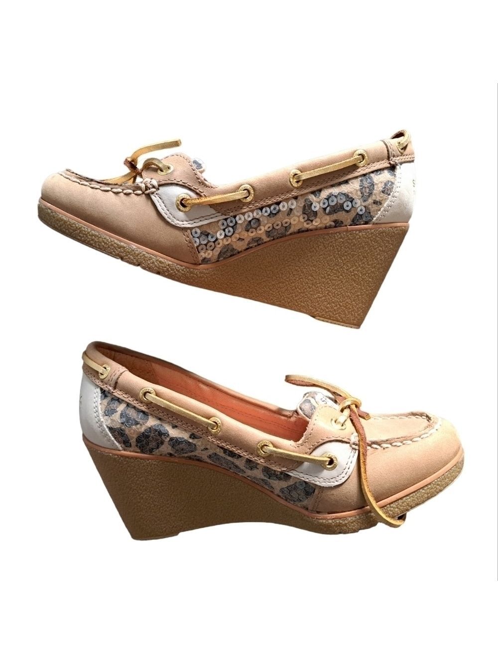 Sperry Top-Sider leather upper Boat Shoes Wedge Heels Tan Leopard Gold rivets 6